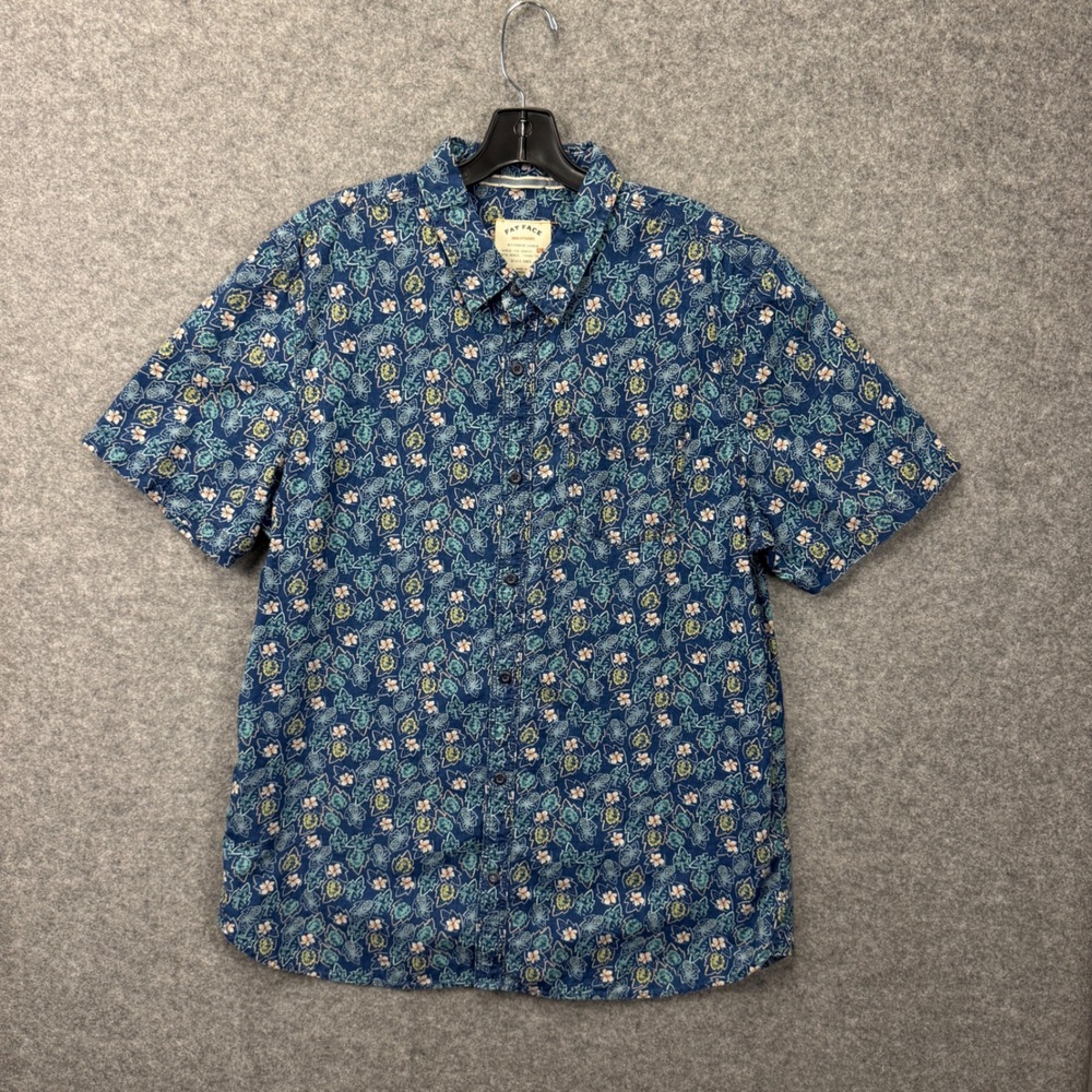 Fat Face Mens XL Blue Tropical Floral Cotton Short Sleeve Button Down Shirt
